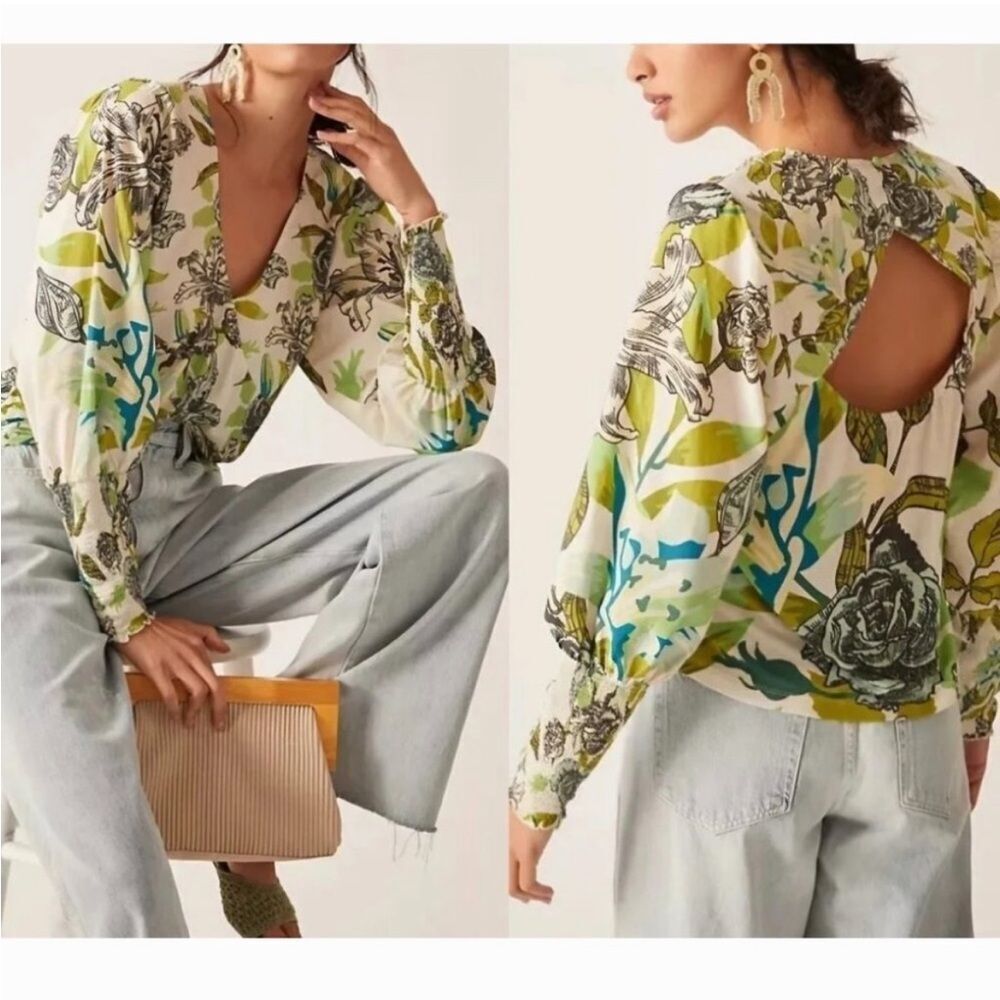 Anthropologie BLNK London zlovia open back blouse green floral women’s size S